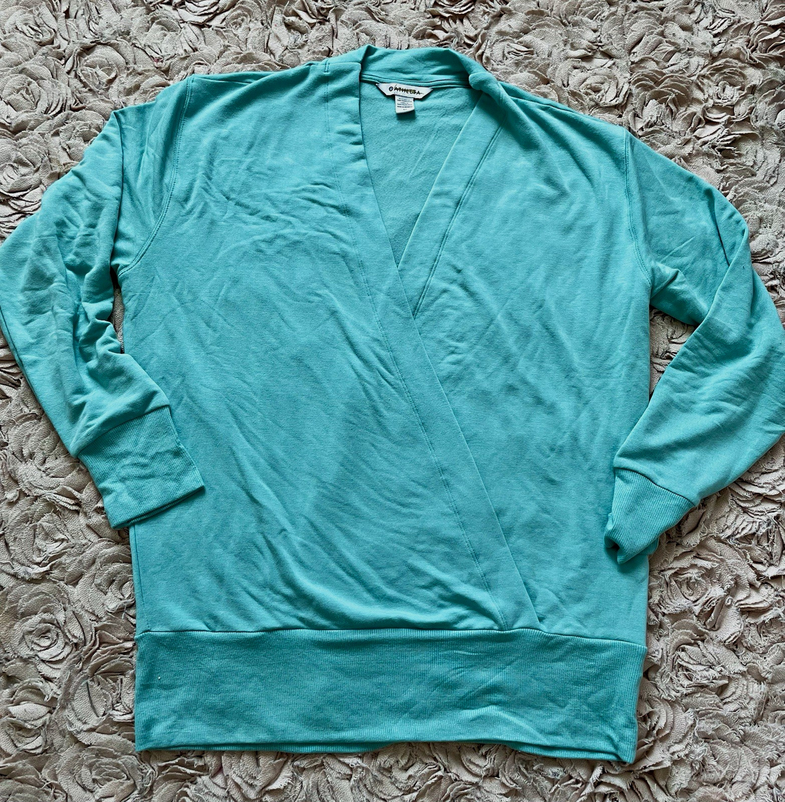 Athleta Women’s Teal Purana Wrap V-Neck Pullover Cotton Knit Sweater