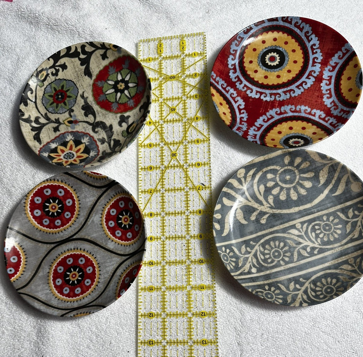 Pier 1 Imports 4 Assorted Appetizer Plates Medallion Motifs 6” Diameter Open Box Pier 1 Imports 4 Assorted Appetizer Plates Medallion Motifs 6” Diameter Open Box