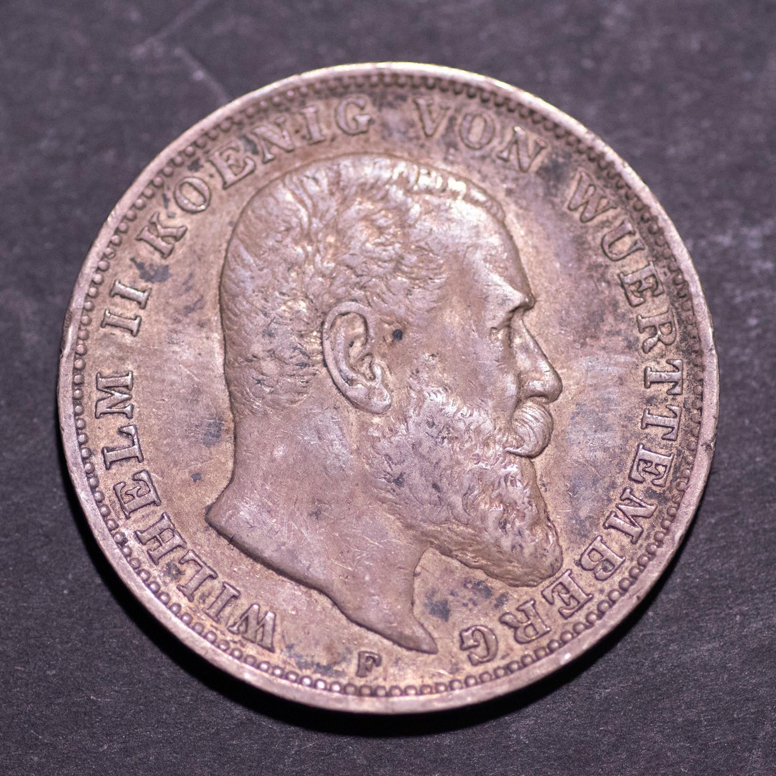 1909 F Wurttemberg 3 Mark Silver Coin Wilhelm II German States KM#635 (Free S&H)