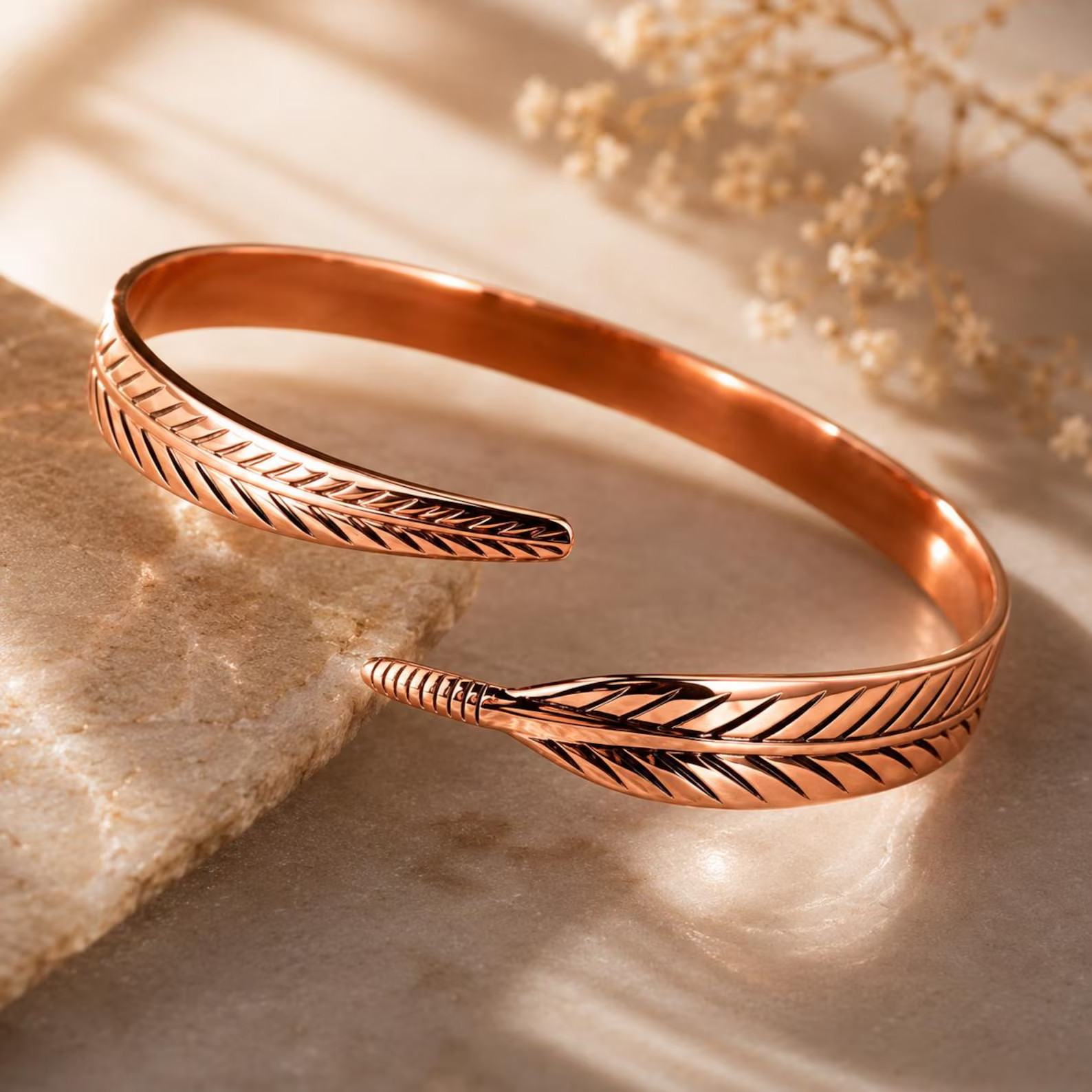 Copper Leaf Cuff Bracelet Adjustable Open Bangle Minimalist Women Jewelry Gift
