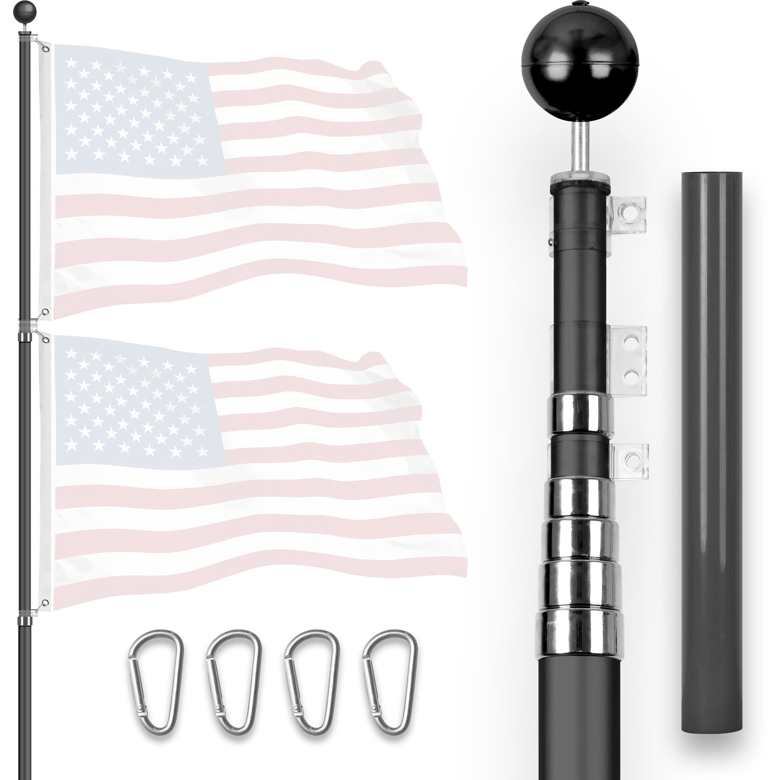 G128 20Ft Telescoping Aluminum Black Flagpole | Flag NOT Included