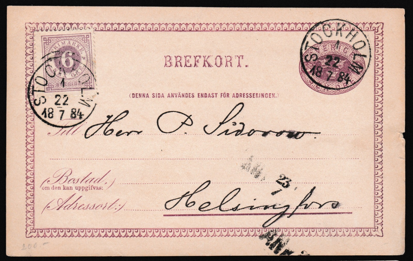 Sweden Cover 1883 Uprated Stationary 6 + 6 öre Stockholm-Helsingfors Z1538