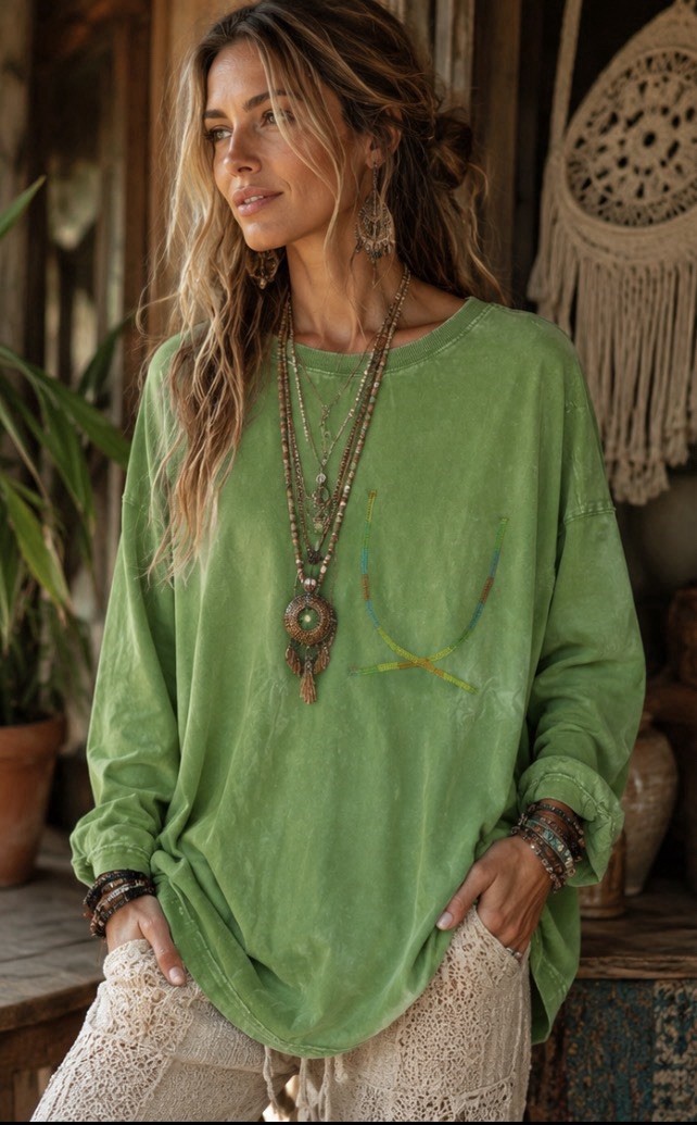Easel Mineral-Washed Green Oversized Top With Colorful Stitched Detail, S