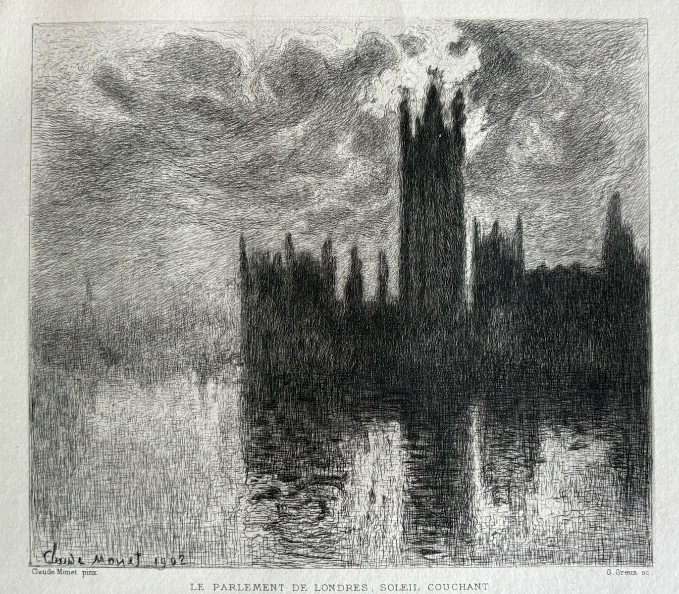 CLAUDE MONET Engraving Eau Forte Etching Parliament Of London Setting Sun 1902