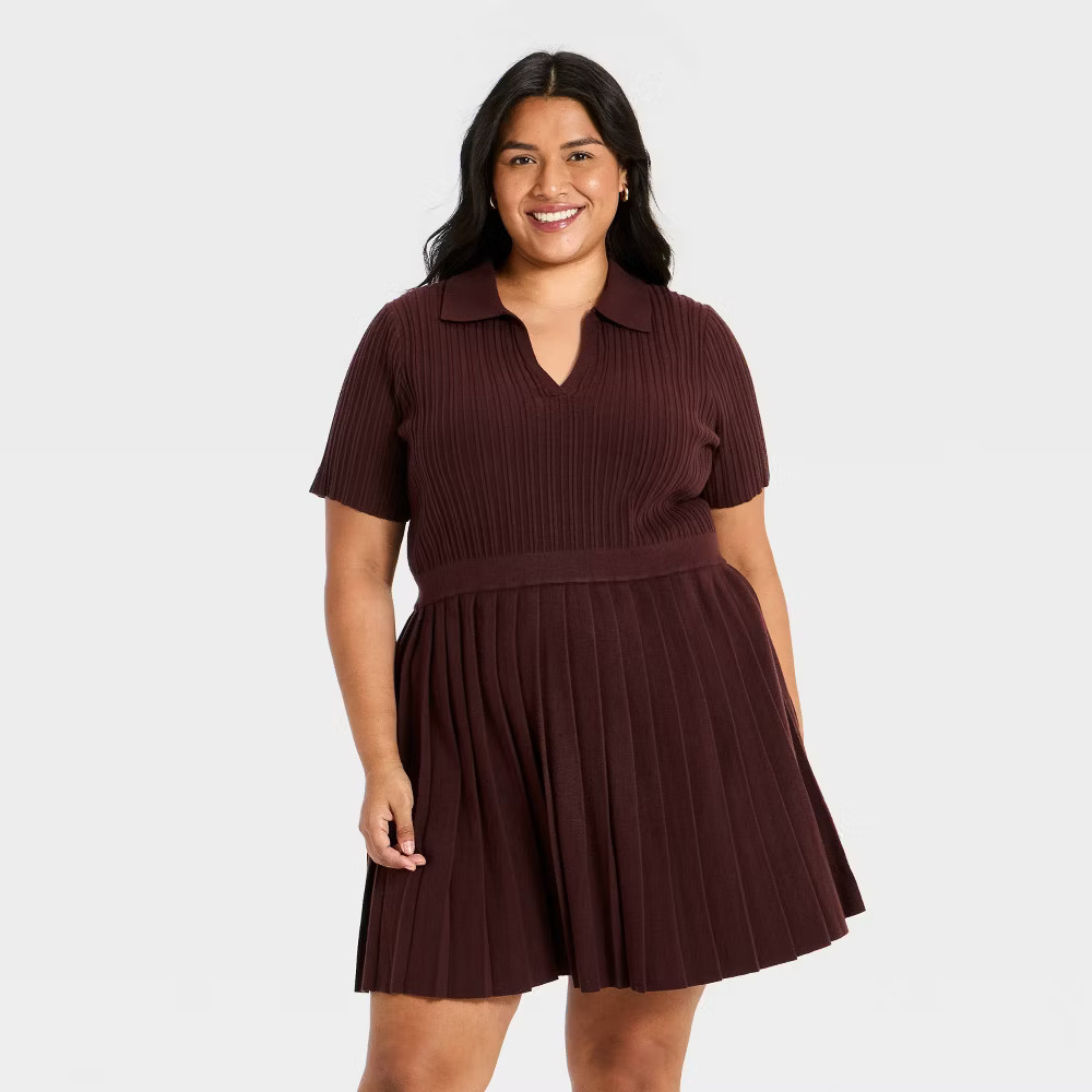 Women\'s Plus Short Sleeve Pleated Mini Sweater Dress - Ava & Viv Brown 1X
