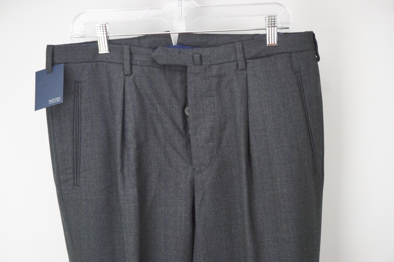 Incotex Gray Woven Blue Striped Back Buckle Wool Dress Pants Sz 50 NEW
