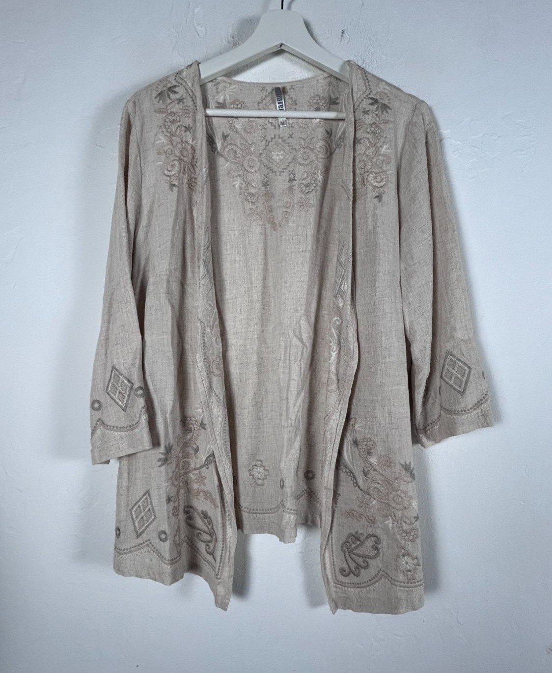 Monoreno Womens Boho Floral Embroidered Open Front Linen Cardigan Medium Beige