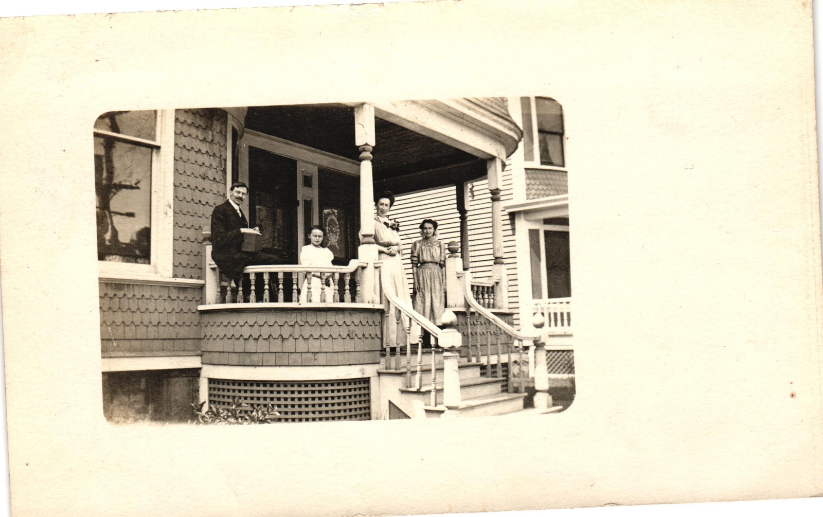 1911 RPPC Family on Victorian House Porch Schenectady NY Real Photo Postcard