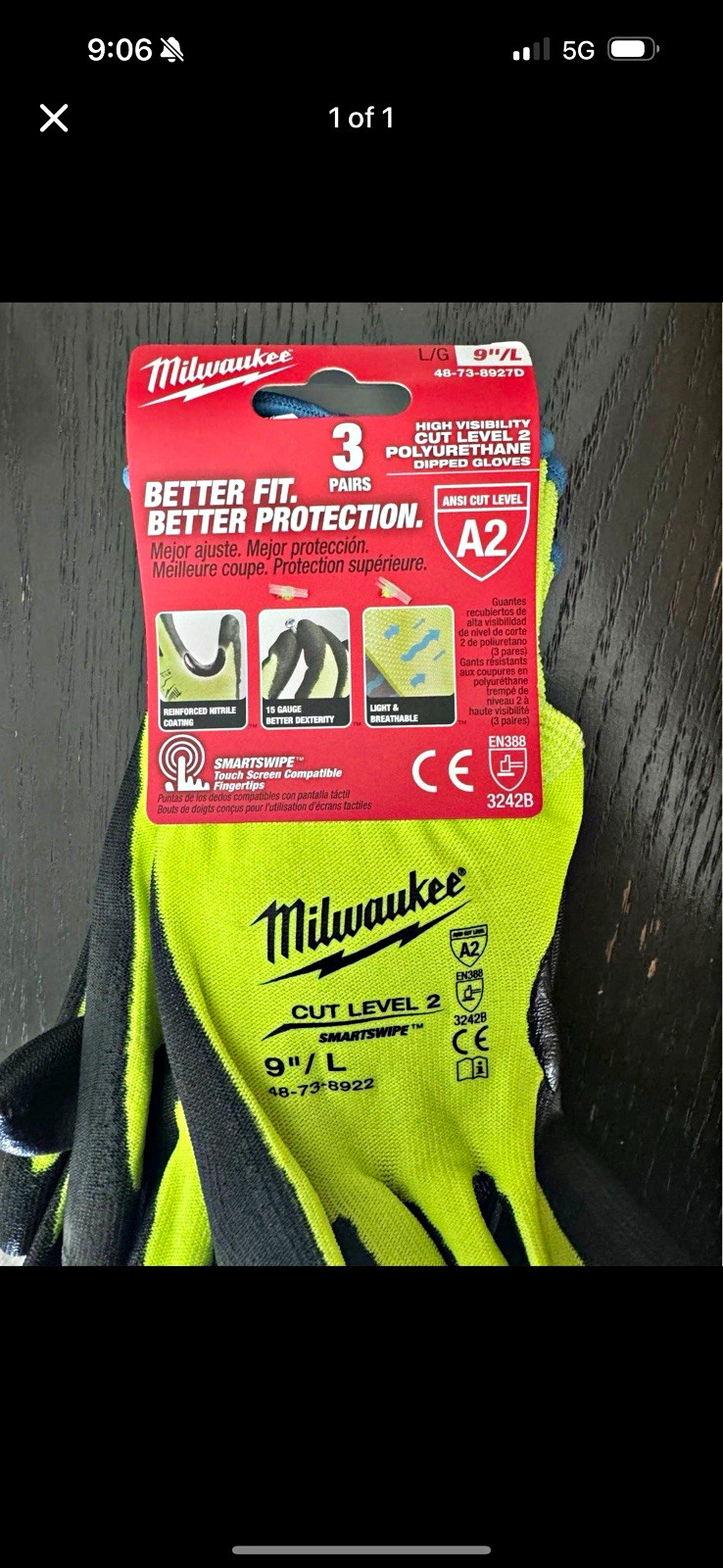 Lot of 20 of (3 pairs) Milwaukee Hi-Vis Cut Level A2 Polyurethane Dipped Gloves