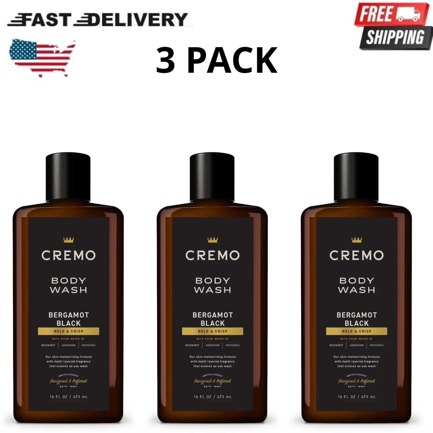 [3 Pack] Cremo Men\'s Body Wash, Bergamot Black Scent, 16 fl oz