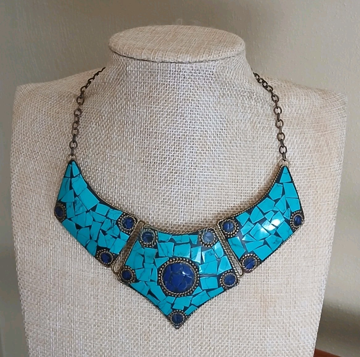 Vintage Genuine Turquoise And Lapis Lazuli Inlay Brass Statement Necklace Vintage Genuine Turquoise And Lapis Lazuli Inlay Brass Statement Necklace