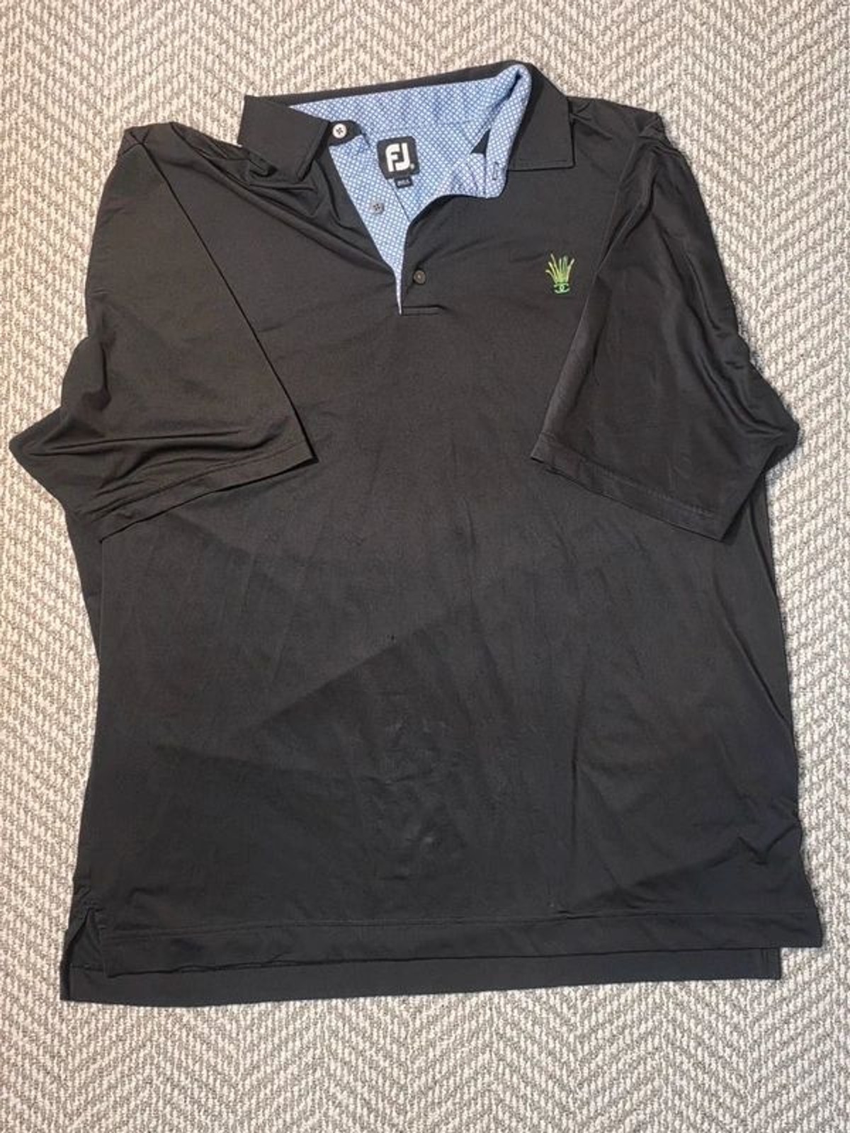 FootJoy Mens 2XL Black Performance Golf Polo Shirt Light Blue Pattern Collar