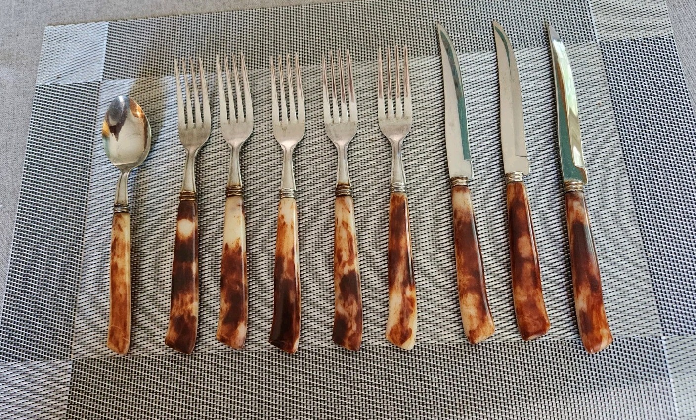 Vintage MB Hollow Ground Galaxie Steak Knives Faux Horn Handles Japan MCM