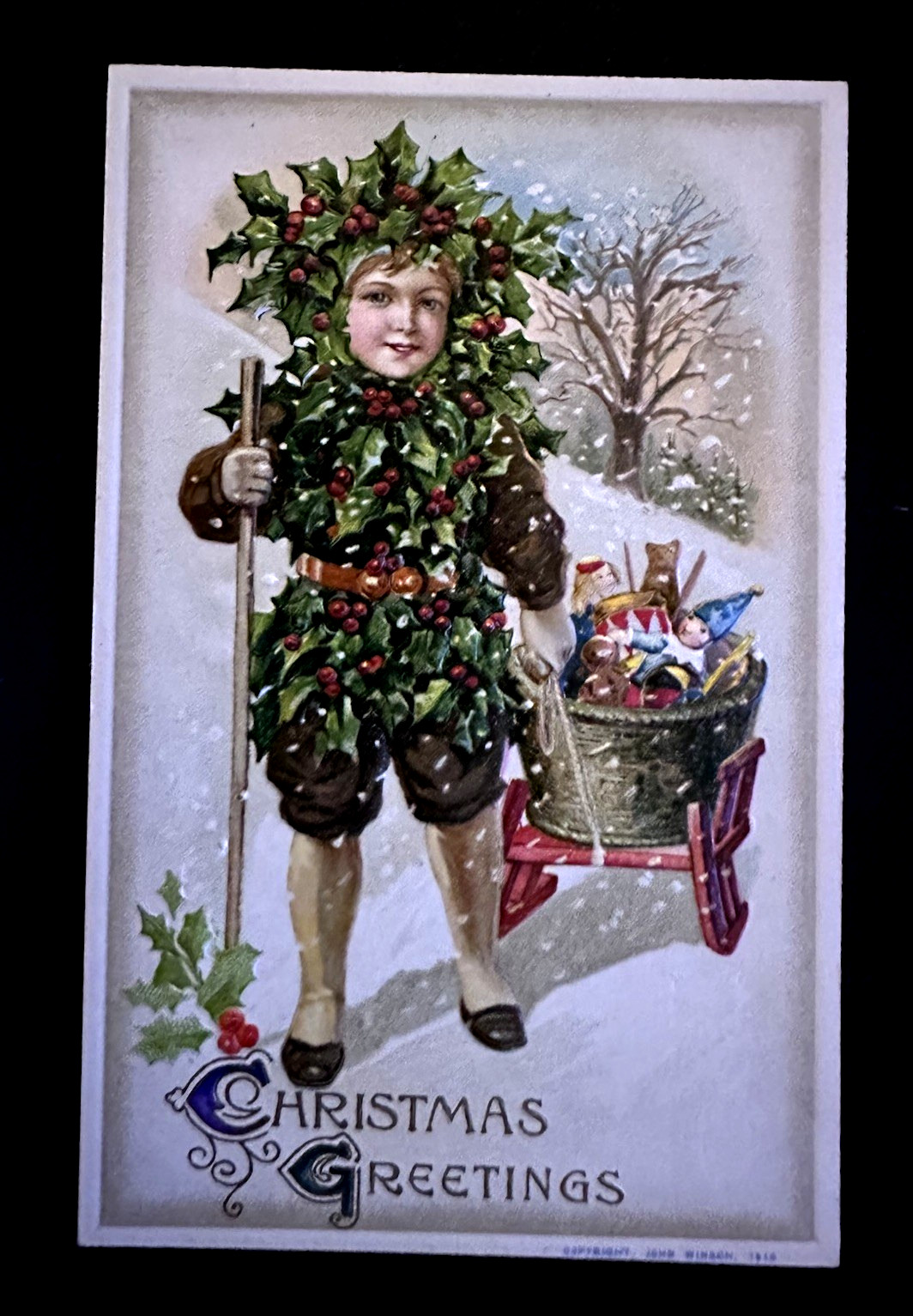 RARE~Winsch ~Christmas Boy in Holly Suit with Toys~Sled~Antique Fantasy Postcard RARE~Winsch ~Christmas Boy in Holly Suit with Toys~Sled~Antique Fantasy Postcard
