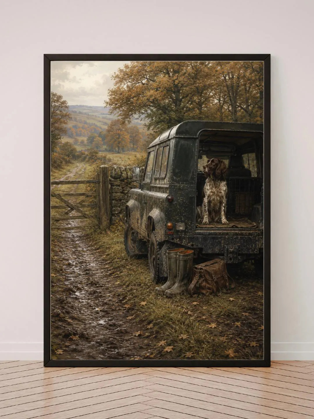 Working Spaniel Country Print, Vintage 4x4 Gundog Wall Art, Autumn Countryside