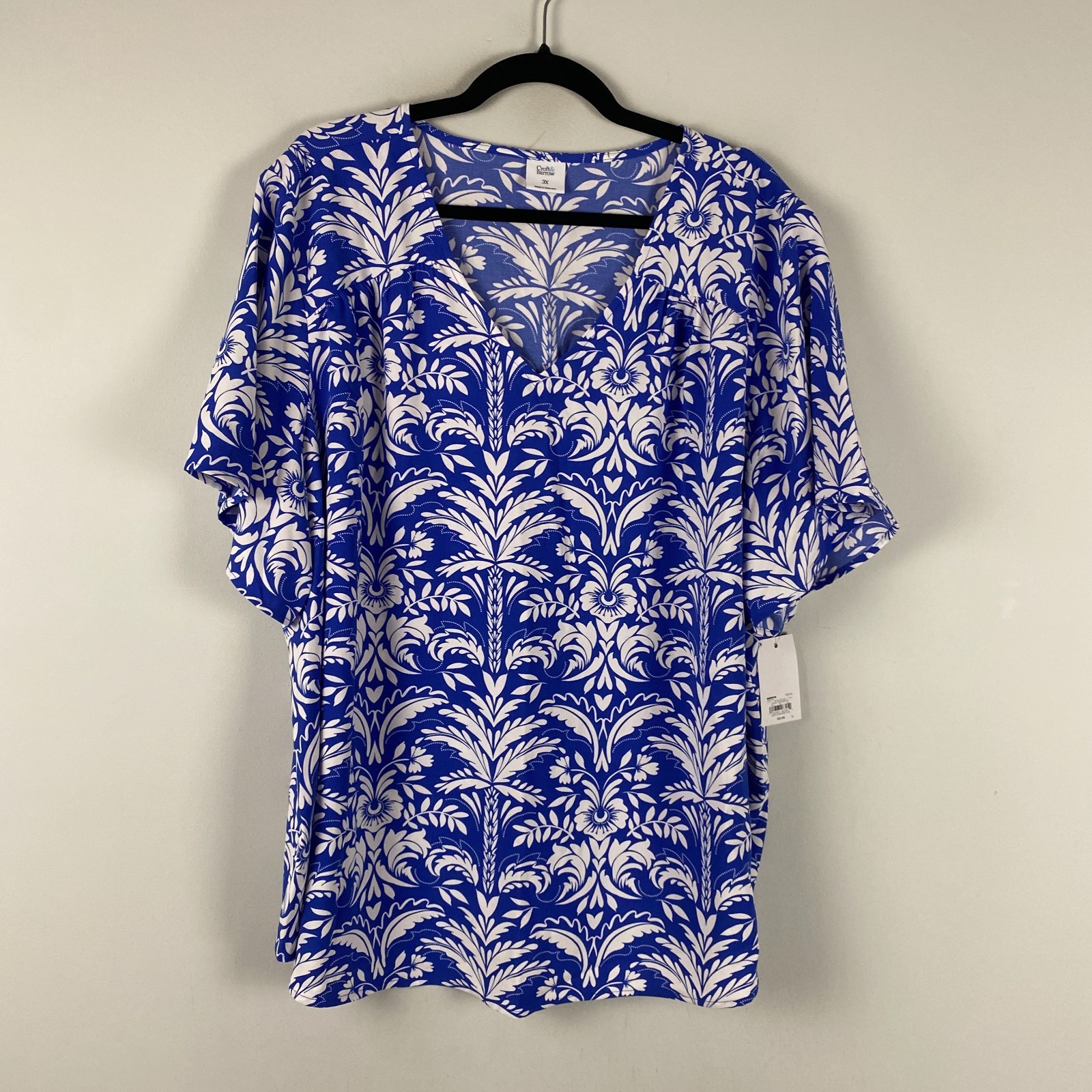Croft & Barrow Floral Blouse Size 3X Blue White Short Sleeve V Neck