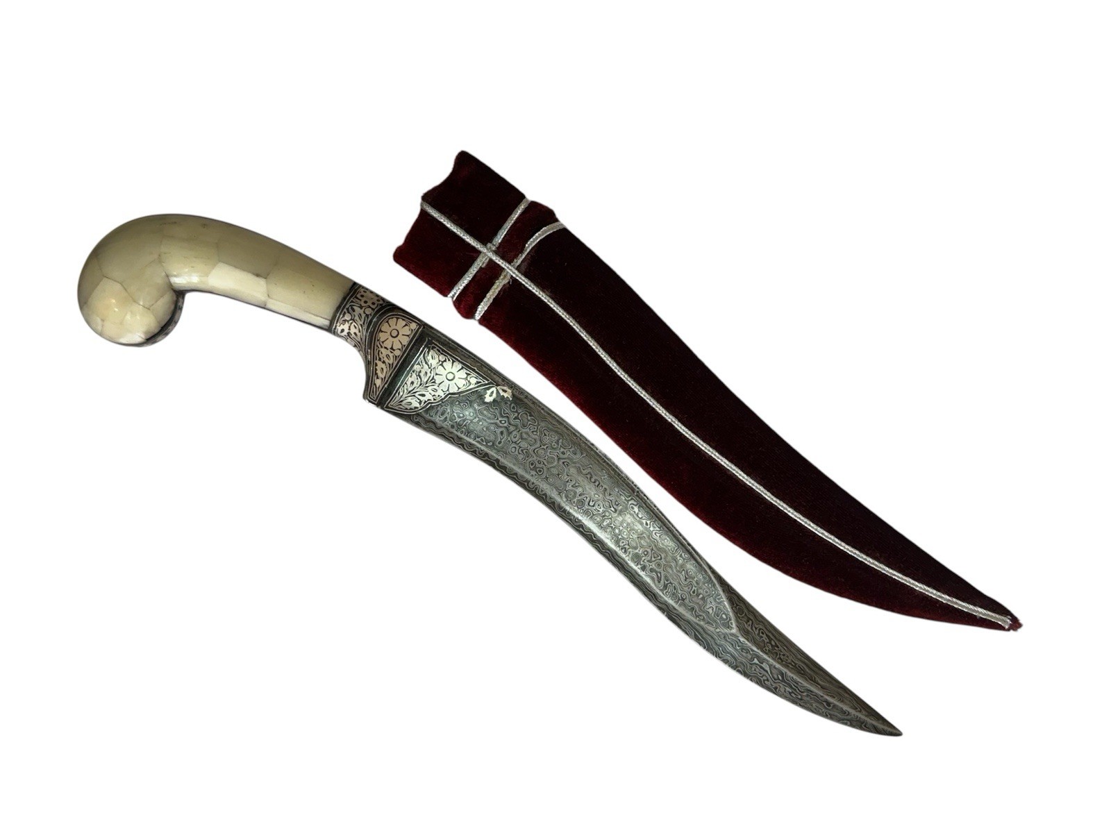 Ottoman Mughal Damascus steel Unsharp Kripan with bone grips & silver koftgari Ottoman Mughal Damascus steel Unsharp Kripan with bone grips & silver koftgari