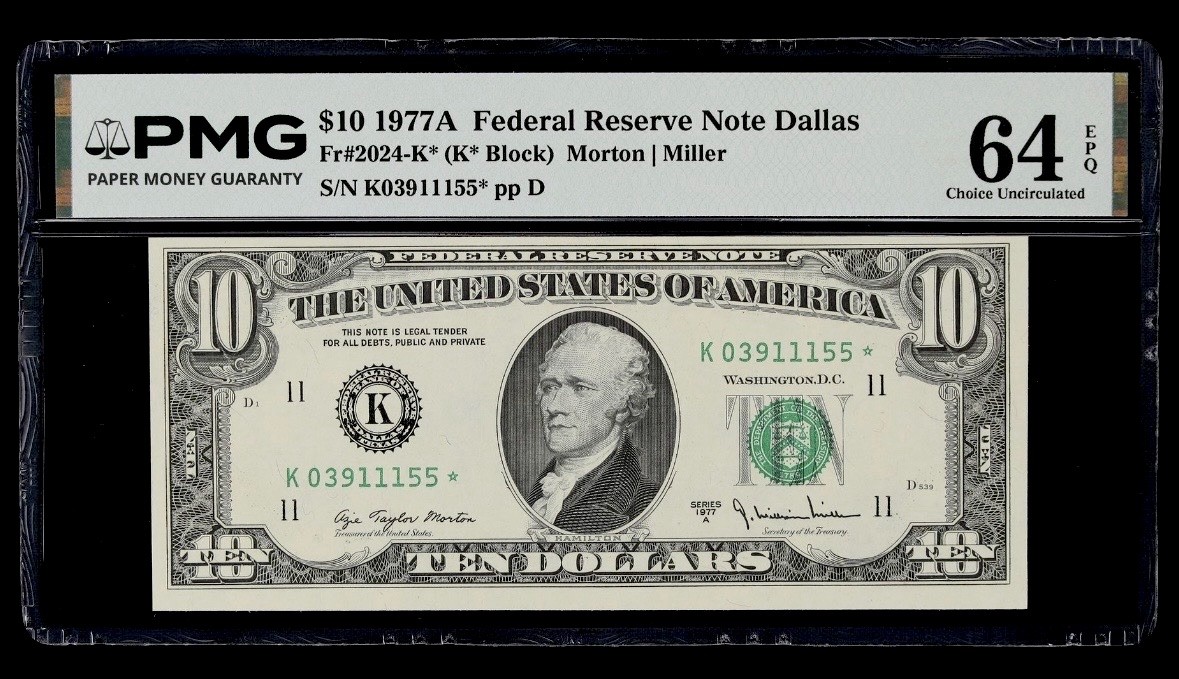 1977 A $10 Dollar Star Note Federal Reserve Dallas PMG 64 EPQ K03911155* Scarce