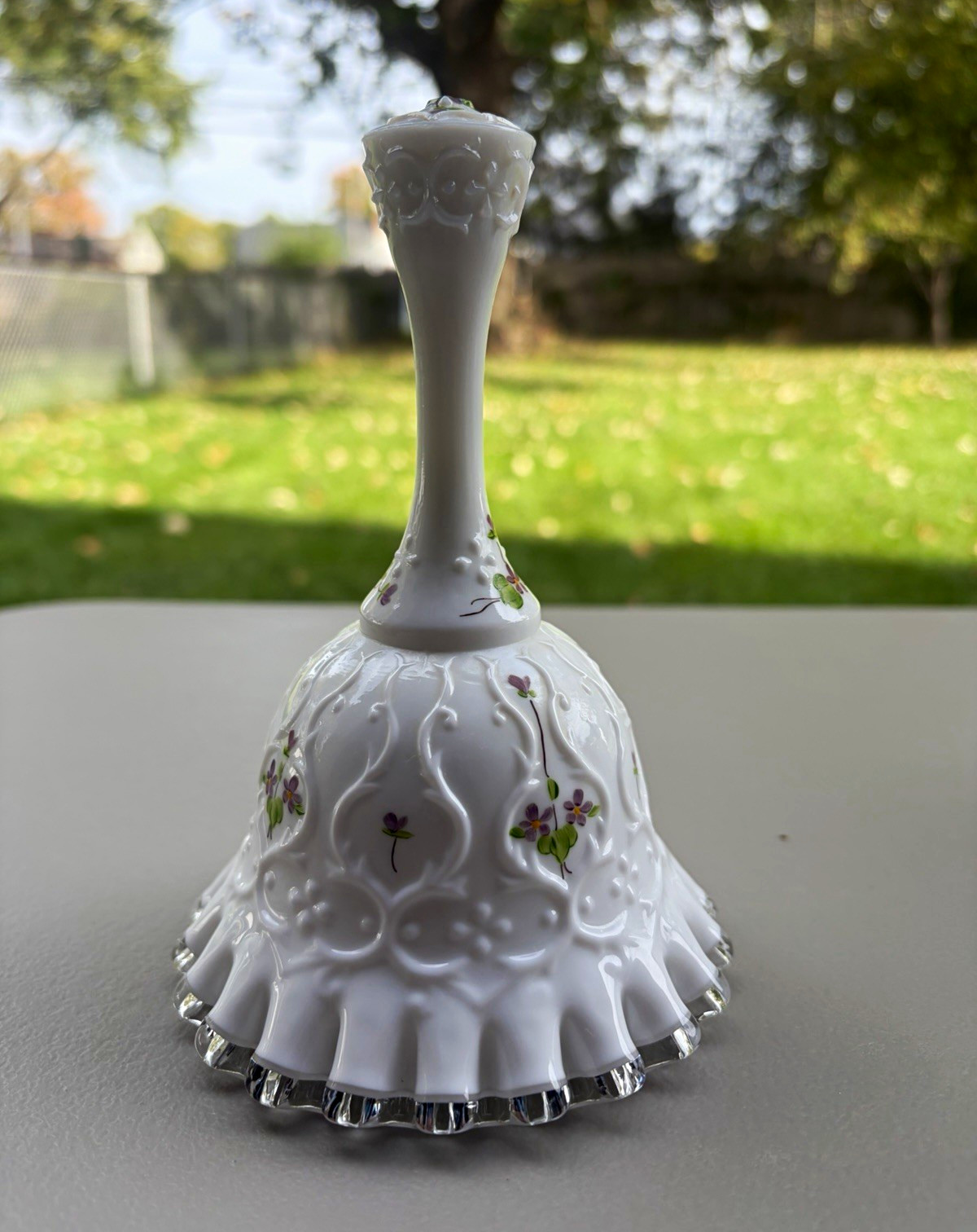 Vintage White Milk Glass Bell Hand Painted Purple Flowers A Mueller Ruffled Edge