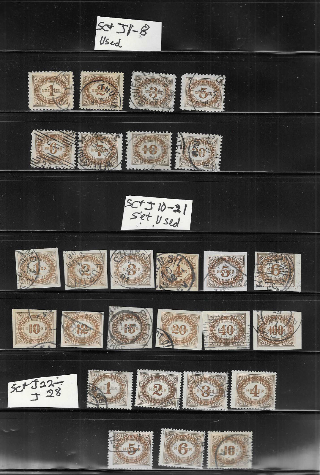AUSTRIA - Numerals lot of 27 stamps  SC# J1-8, J10-21 set, & J22-28  Used H  A3