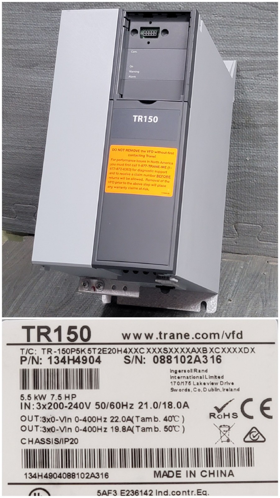 Trane TR150 TR-150P5K, P/N: 134H4904 VFD Drive 5.5kW, 7.5HP, 200-240VAC