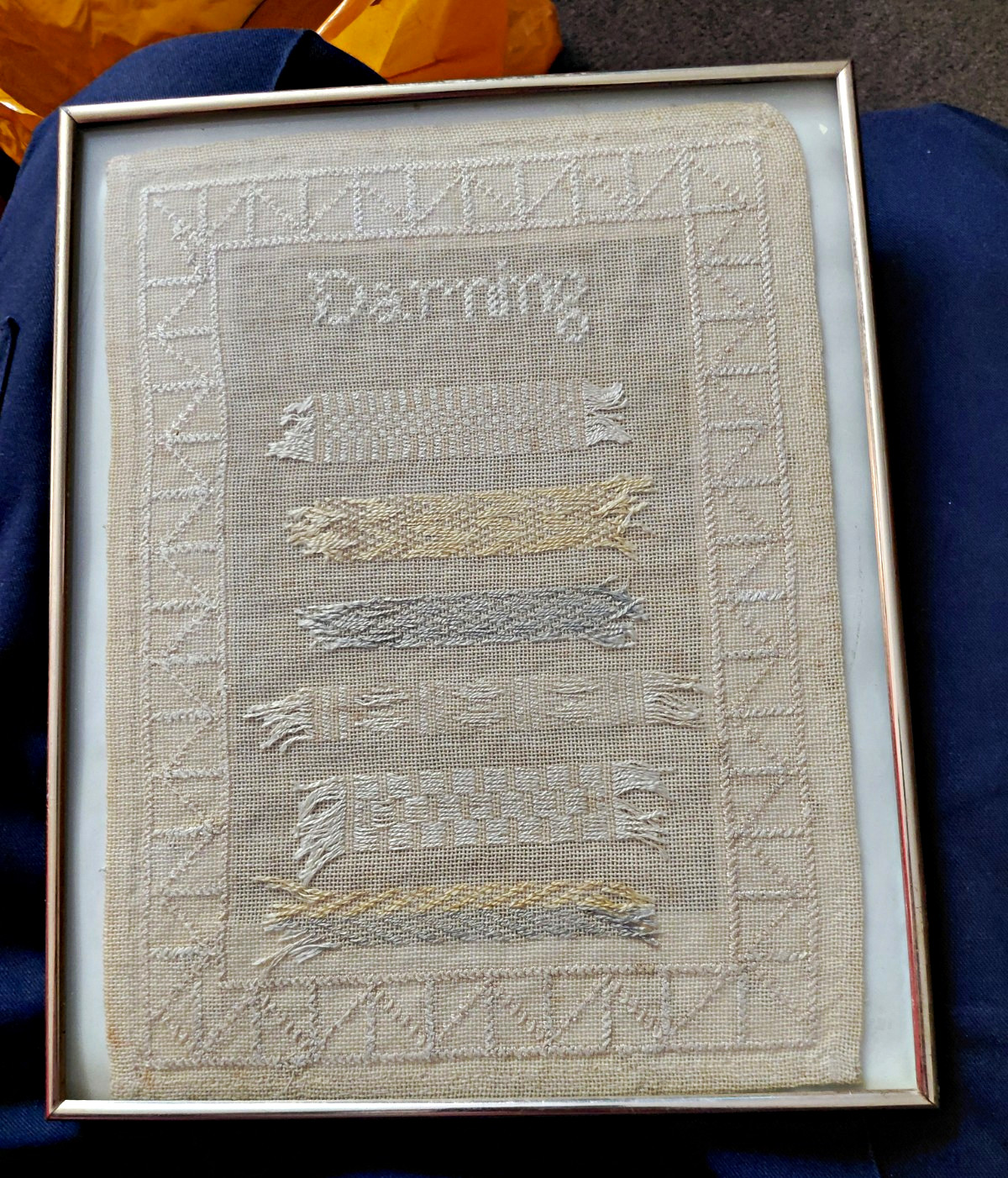 Antique 19th Century Darning Sampler Framed Needlework Mending Textile Antique 19th Century Darning Sampler Framed Needlework Mending Textile