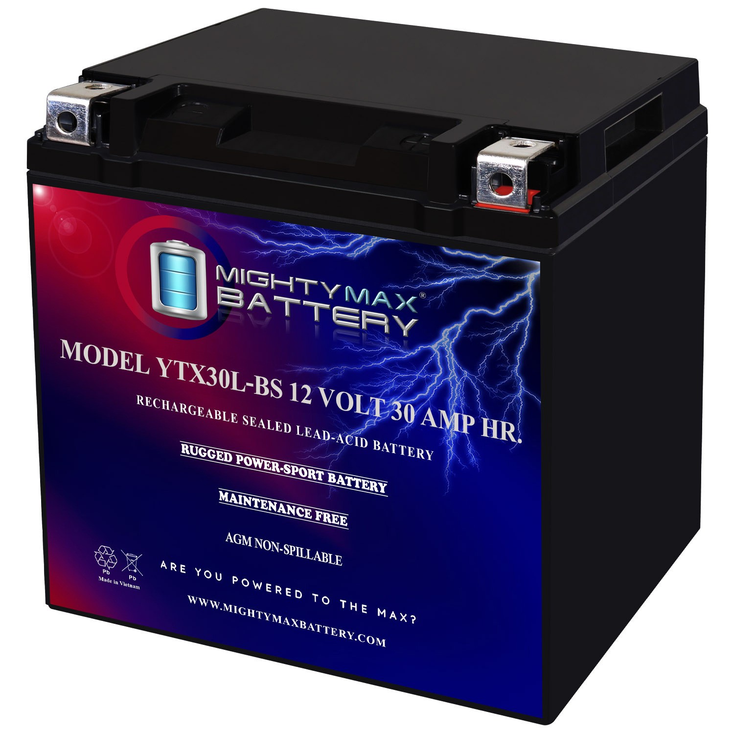 Mighty Max YTX30L-BS 12V 30AH Battery for UB30L-B YB30L-B AGM Motorcycle / ATV