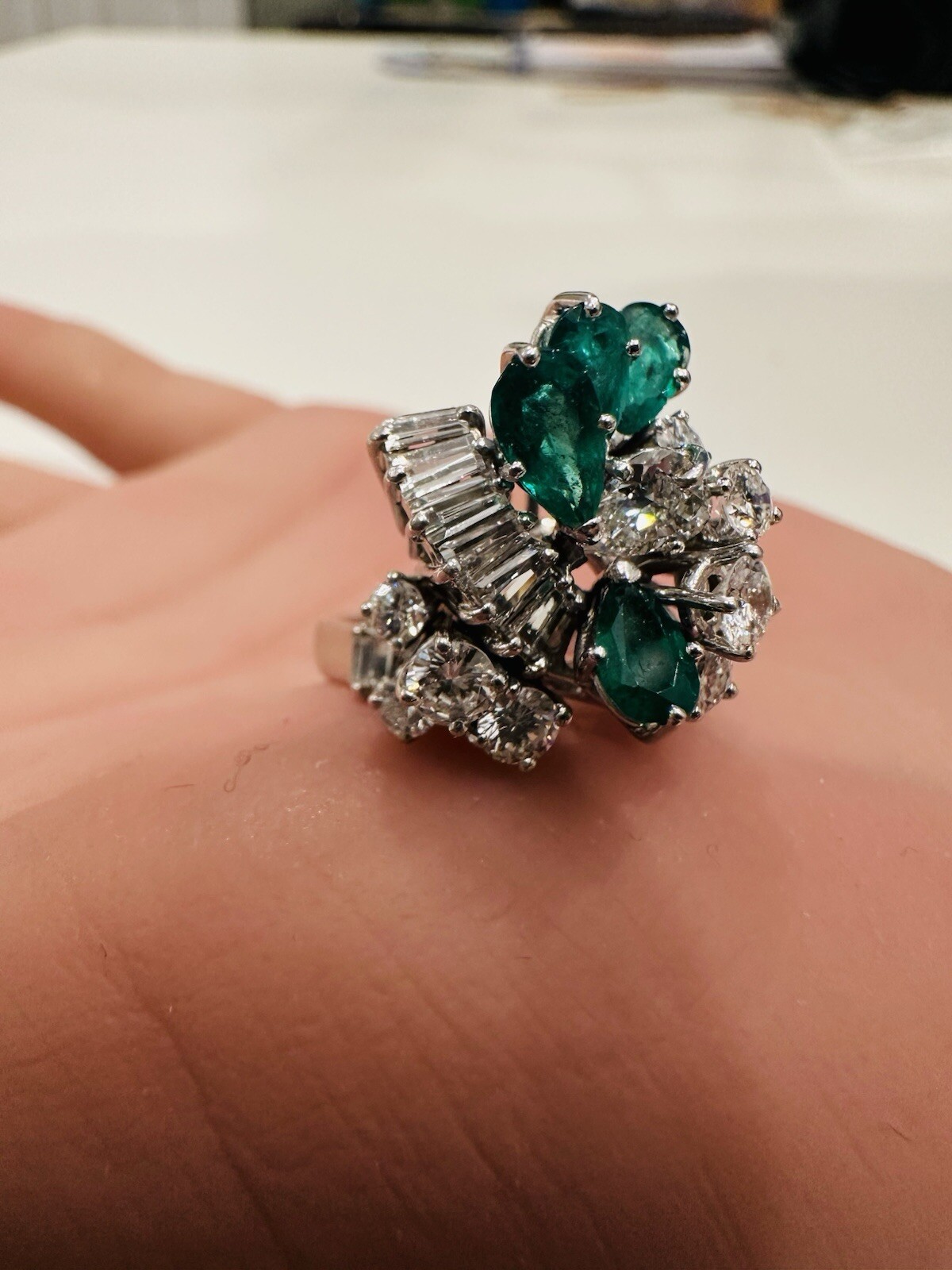 Vintage Estate 14K W.G. Natural Emerald & Diamond Cocktail Ring, 3.0 Ctw