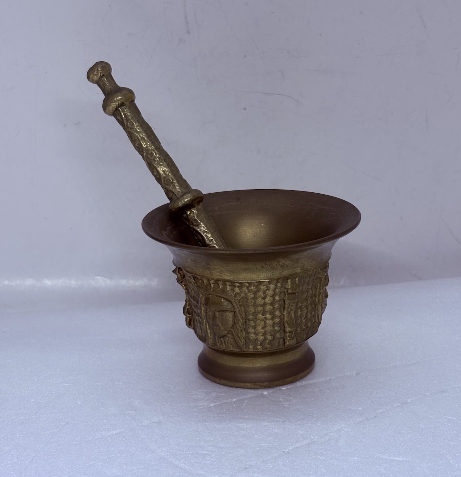Antique Spanish Bronze Mortar and Pestle Woman’s Head Embossed Art 3” Heavy X