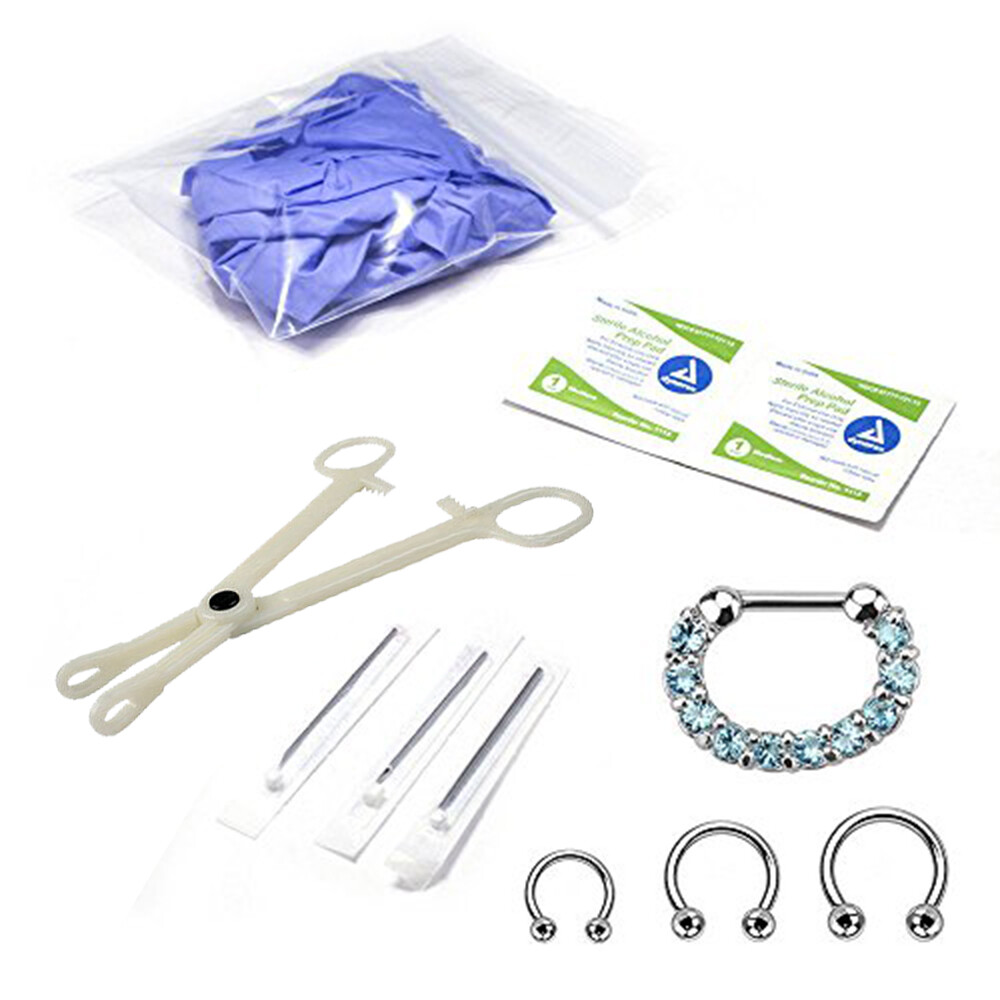 Horseshoe Circular Septum Piercing Kit Septum Needle Forceps Gloves 10 Pcs 