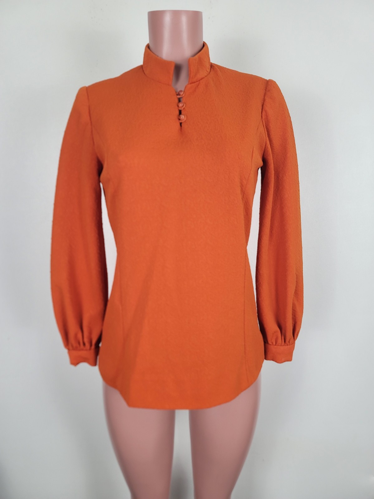 VTG 70s Orange Mock Neck Top Retro Edwardian Revival Puff Sleeve Blouse Medium