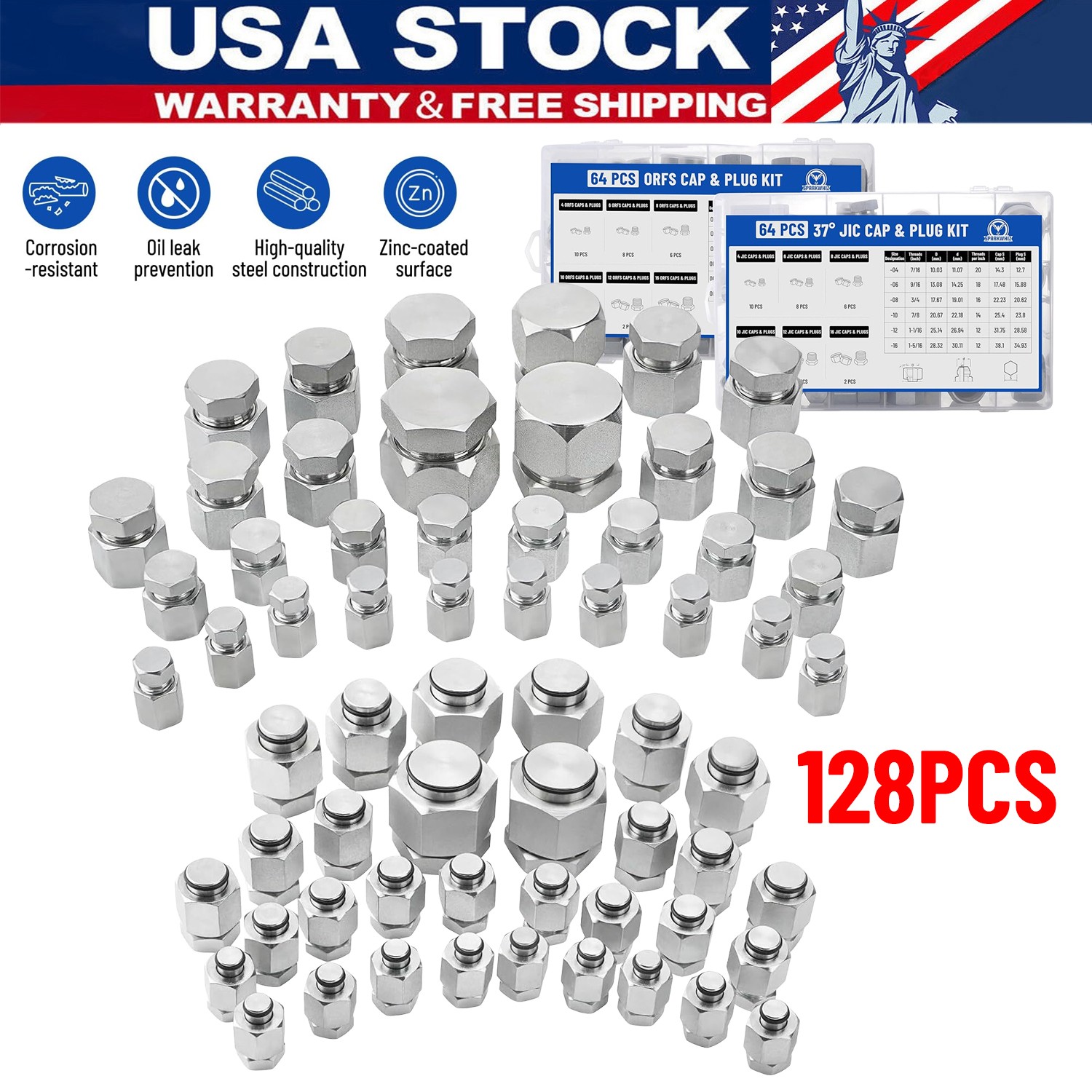 128PCS JIC & ORFS Master Industrial Hydraulic Cap & Plug Kit Size 4 6 8 10 12 16 128PCS JIC & ORFS Master Industrial Hydraulic Cap & Plug Kit Size 4 6 8 10 12 16