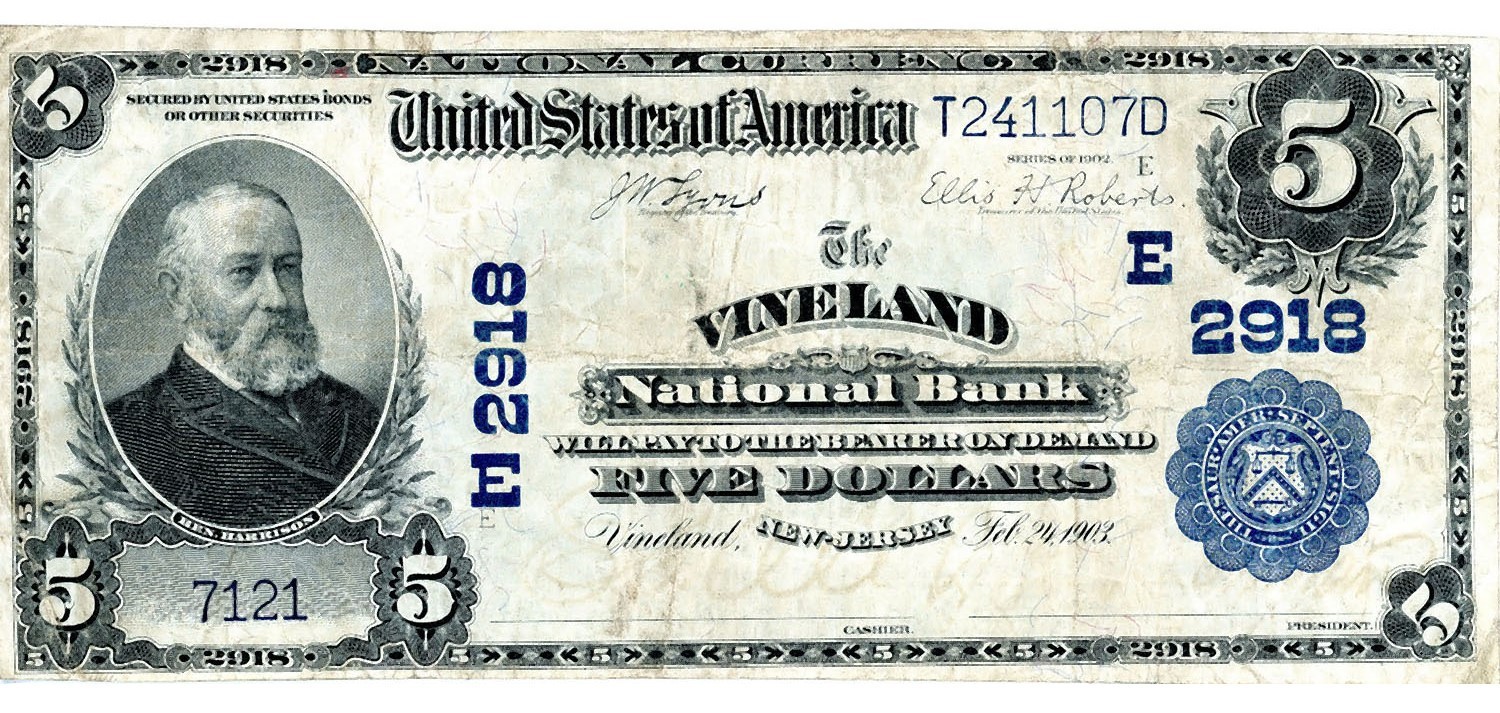 1902 $5 National Currency The VINELAND National Bank of VINELAND, NJ Ch # 2918