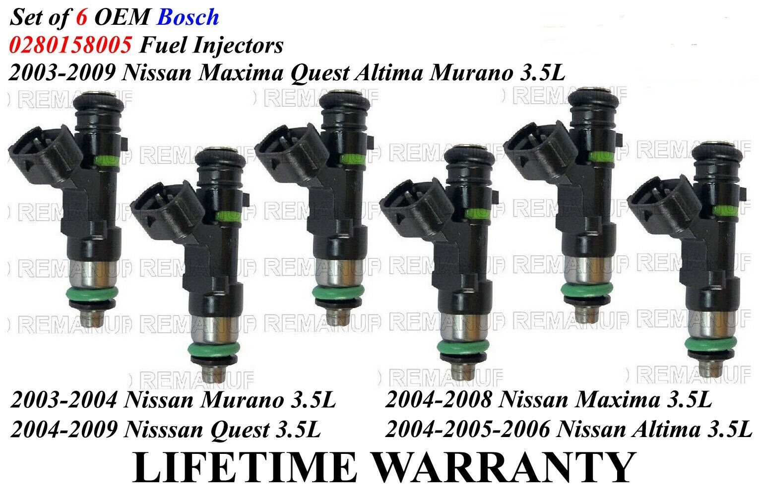 6 Genuine Bosch Fuel Injectors for Nissan Quest Altima Maxima Murano 3.5L 6 Genuine Bosch Fuel Injectors for Nissan Quest Altima Maxima Murano 3.5L