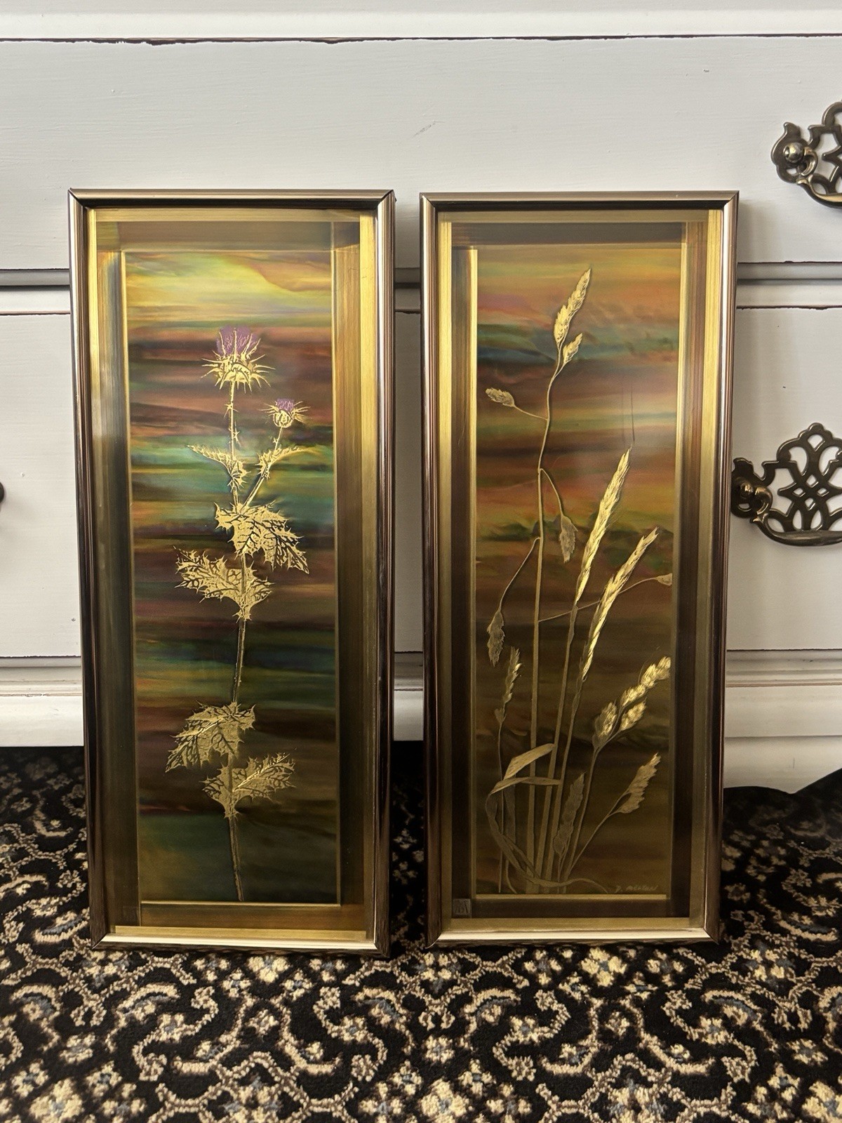 Pair Vintage Metallic Design Acid Etched Metal Art Rohne Melton Thistle/Grass Pair Vintage Metallic Design Acid Etched Metal Art Rohne Melton Thistle/Grass