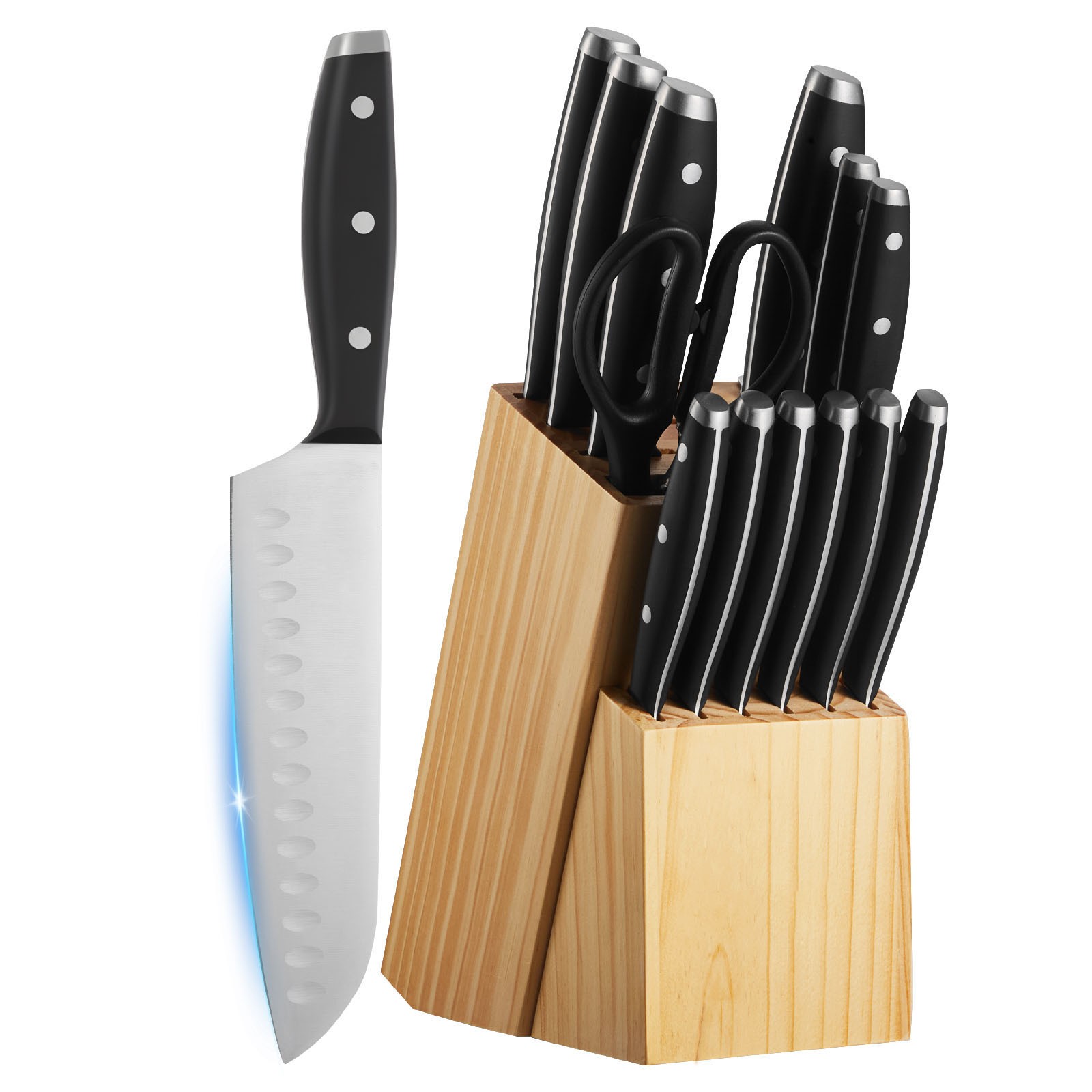 Uimoso 15-Piece Kitchen Knife Set with Block and Sharpener for Home Use