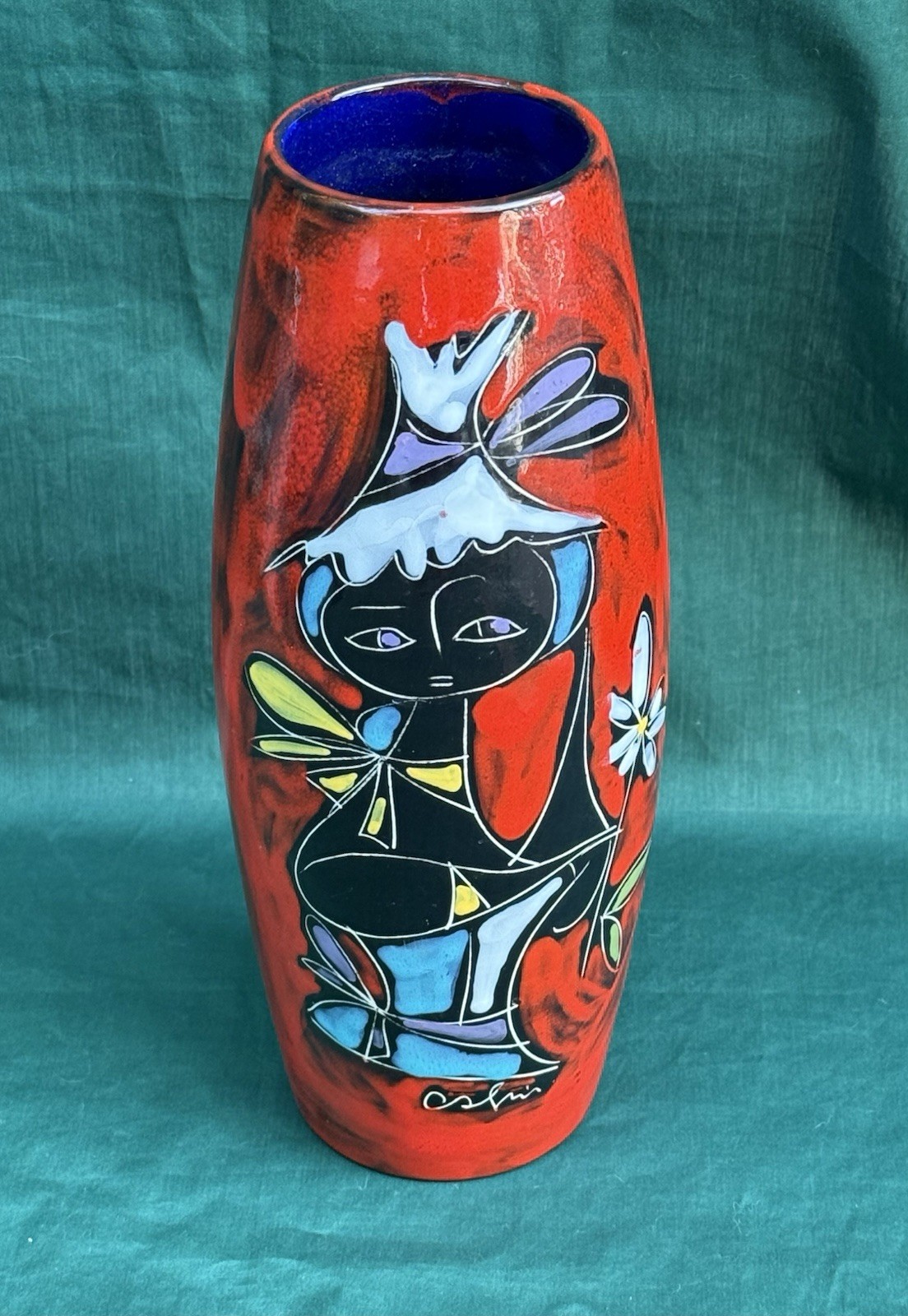 Rare Vtg Italy MCM Abstract Girl Red Black Cobalt Vase Signed Oshir San Marino Rare Vtg Italy MCM Abstract Girl Red Black Cobalt Vase Signed Oshir San Marino