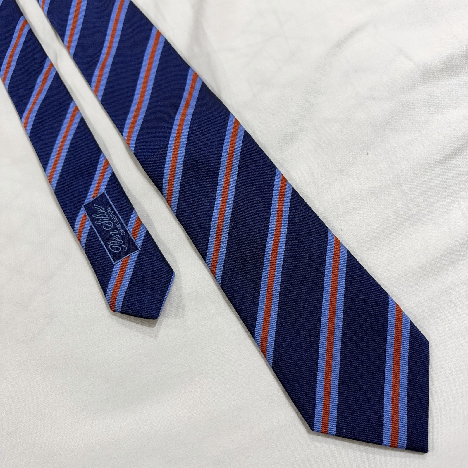 BEN SILVER Repp Striped Silk Tie Navy Blue/Red/Gold Hand Made in England EUC