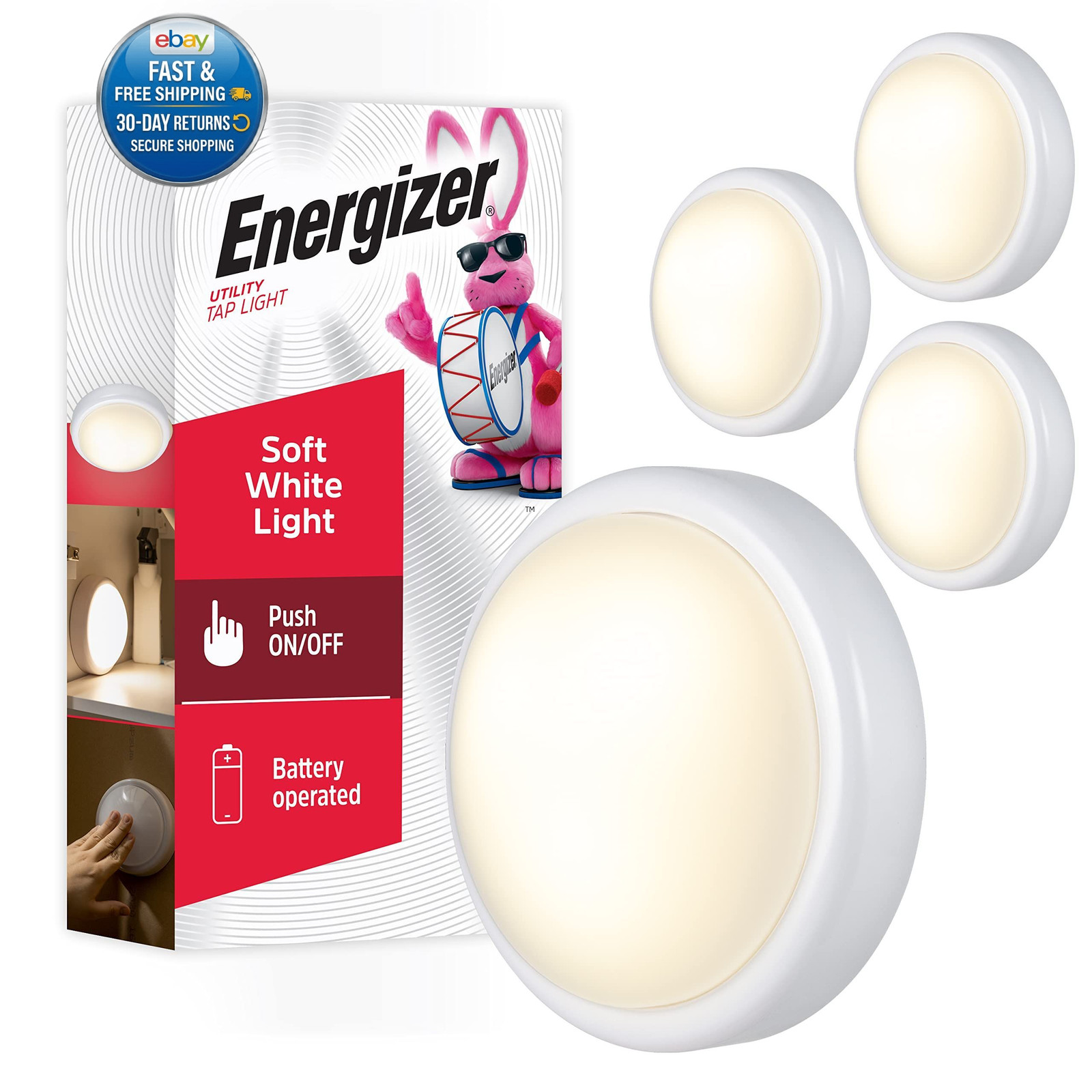 Batter Powered Tap Light, Press On/Off, 4 Pack 4 Pack, White Batter Powered Tap Light, Press On/Off, 4 Pack 4 Pack, White