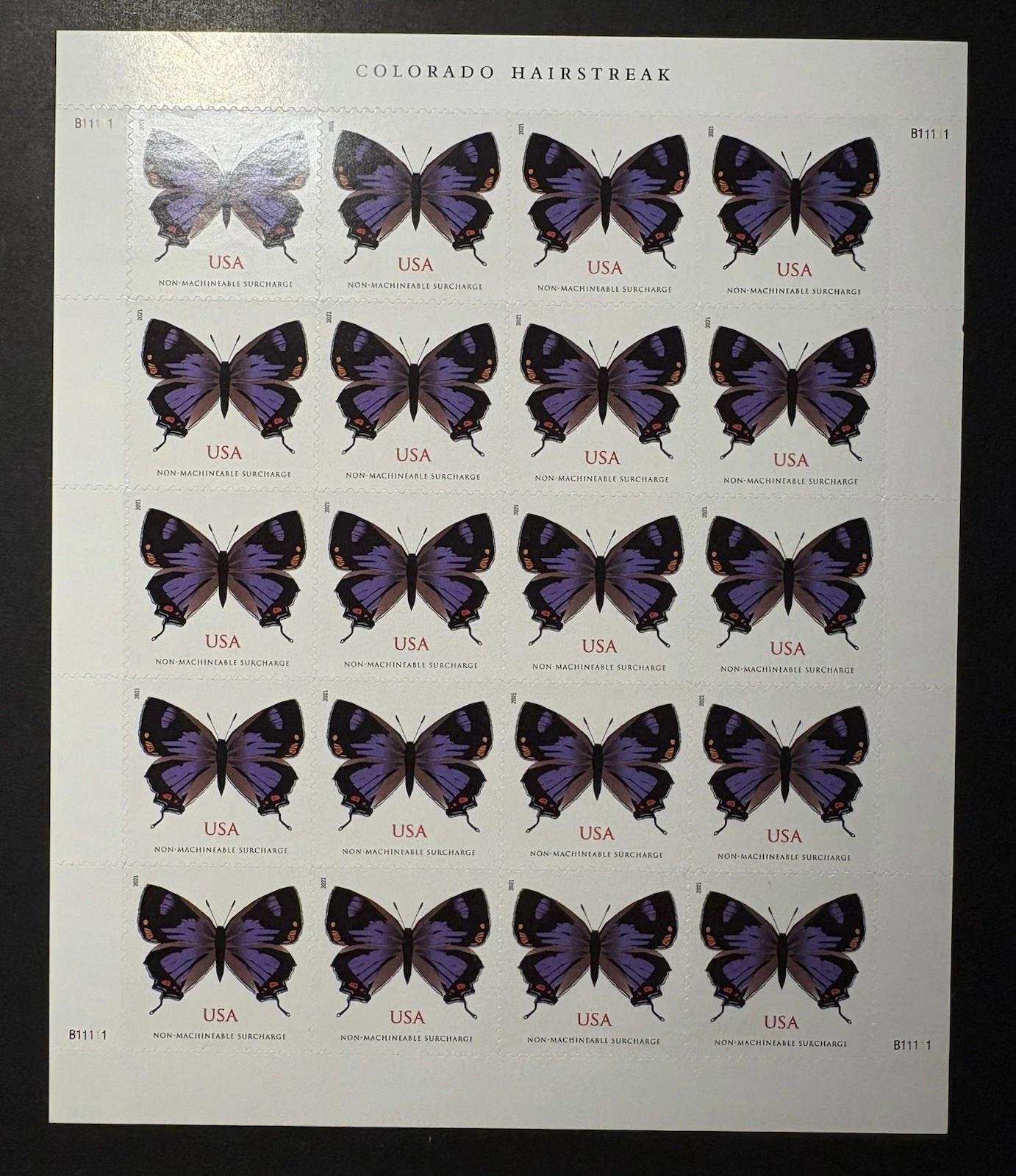 Purple Colorado Hairstreak Usps Stamps Non Machinable 5 Sheets -100 total Purple Colorado Hairstreak Usps Stamps Non Machinable 5 Sheets -100 total