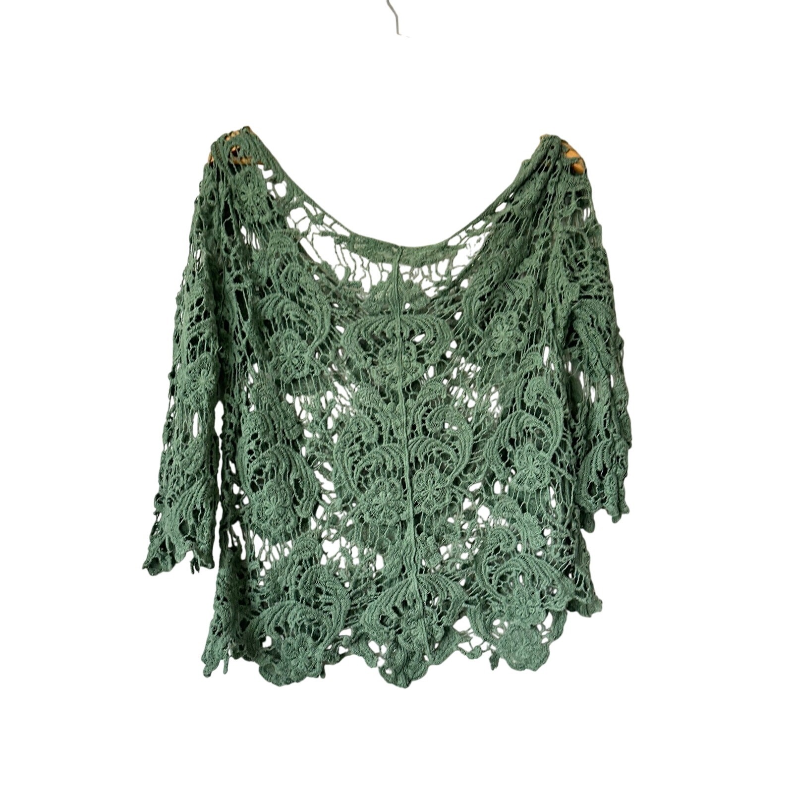 Crochet Lace🌿 Sheer Boho Top –Green Distressed – One Size Crochet Lace🌿 Sheer Boho Top –Green Distressed – One Size
