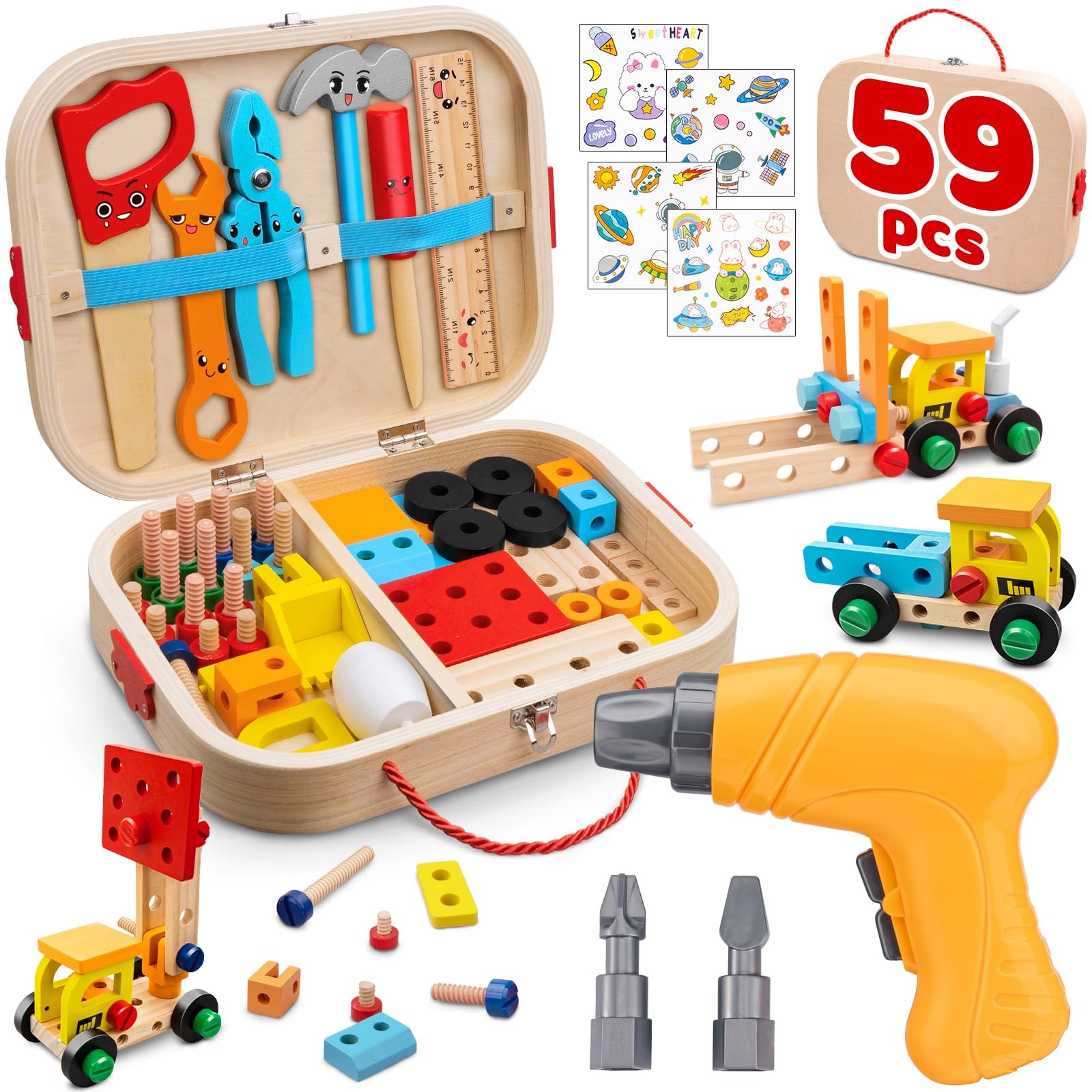 59Pcs Kids Tool Set with Electric Drill, Child-size, Red, Blue, Yellow, Green 59Pcs Kids Tool Set with Electric Drill, Child-size, Red, Blue, Yellow, Green