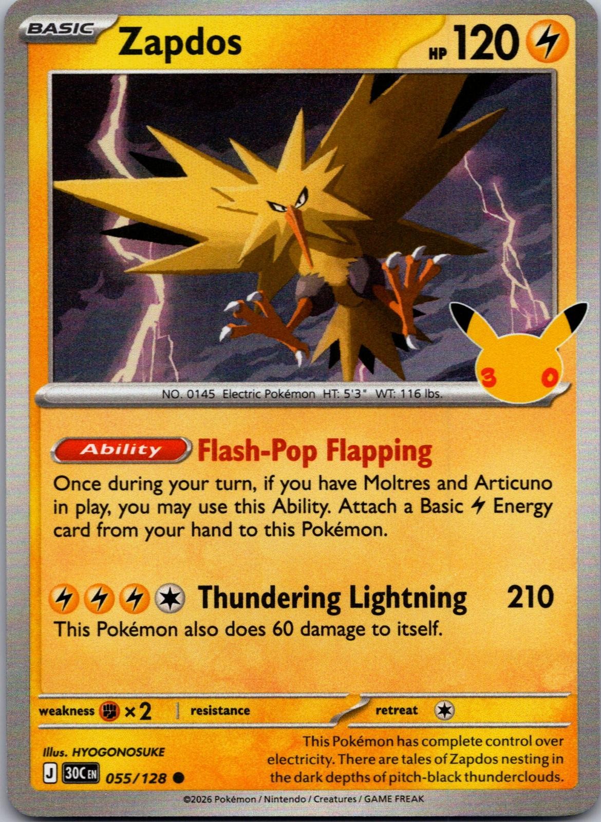 Zapdos Holo ME: 30th Celebration 055/128 NM Pokemon Zapdos Holo ME: 30th Celebration 055/128 NM Pokemon
