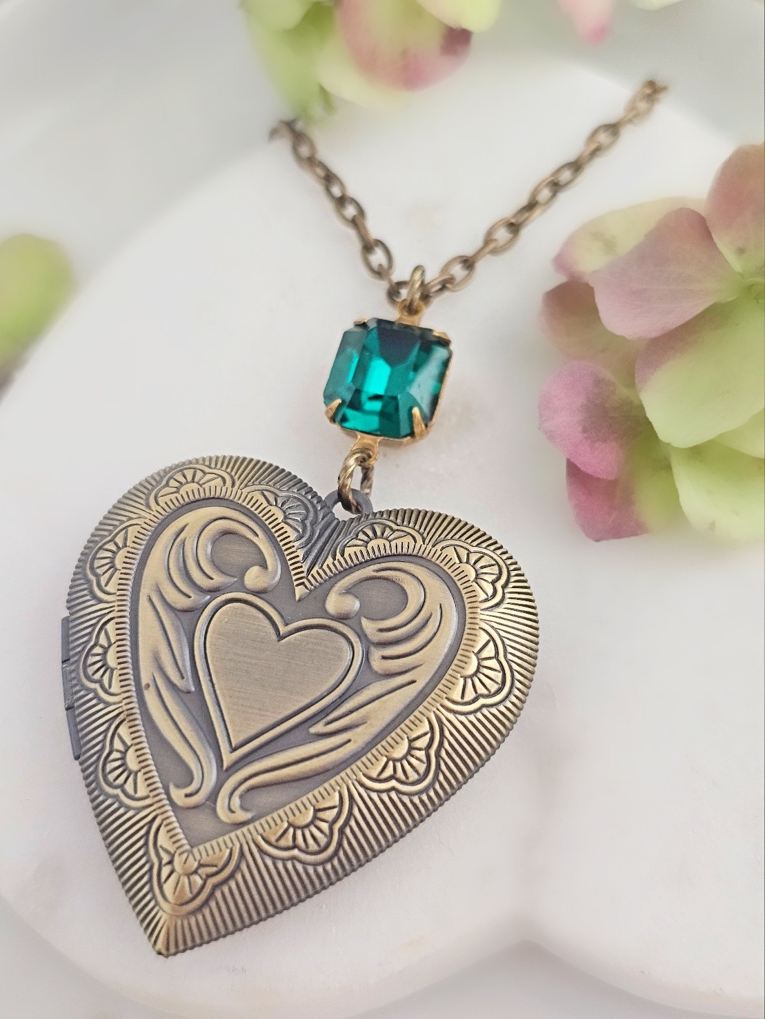 Large Bronze Photo Heart Locket Necklace made with Vintage Swarovski Crystal