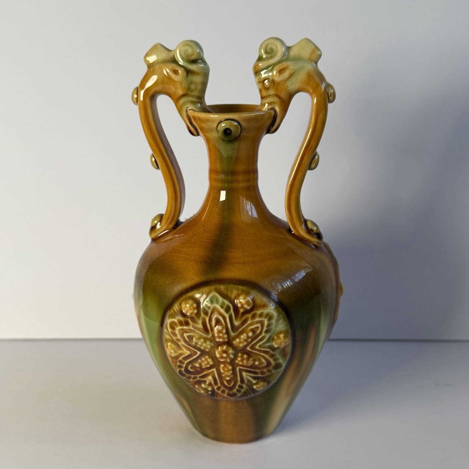 1910\'s Antique German Nouveau Majolica Urb Dragon Handles Vase 7.5” 1910\'s Antique German Nouveau Majolica Urb Dragon Handles Vase 7.5”