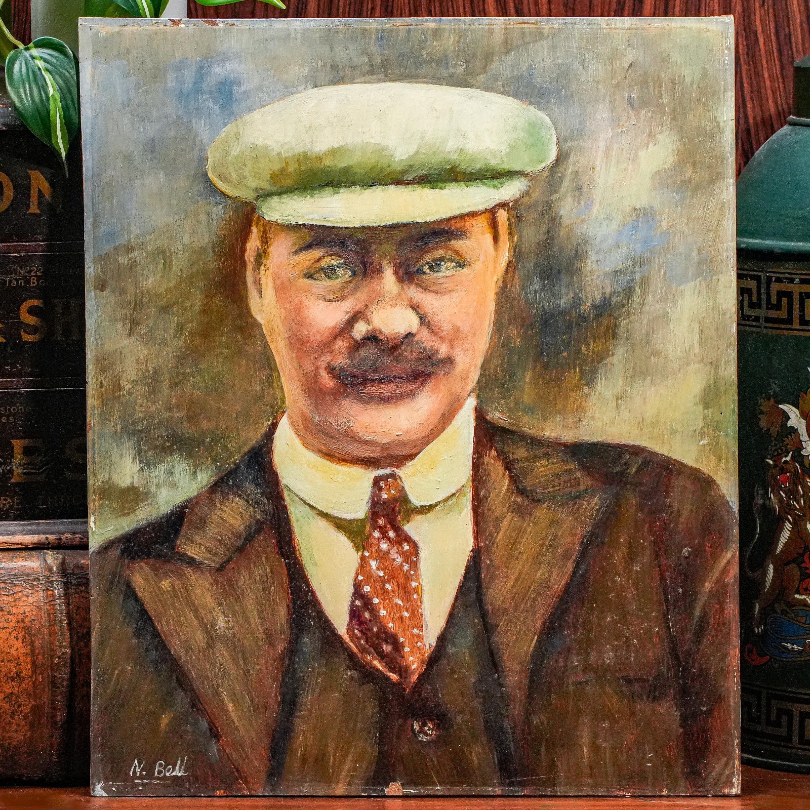 Rustic Antique English Oil Painting of a Man in Cap Country Style Formal Portait