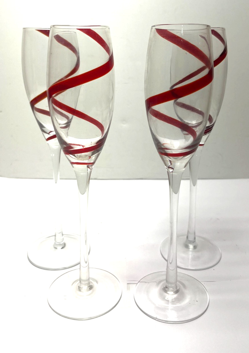 Lot of 4 Pier 1 Swirline Red Champagne glasses Flutes Hand Blown Spiral 10\ Lot of 4 Pier 1 Swirline Red Champagne glasses Flutes Hand Blown Spiral 10\