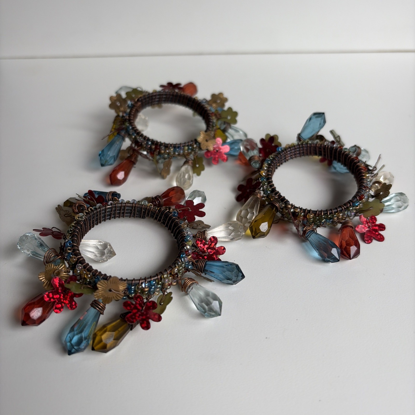VTG Pier 1 Beaded Charm Napkin Rings Multi Color Crystal Teardrop Flower Set (3)
