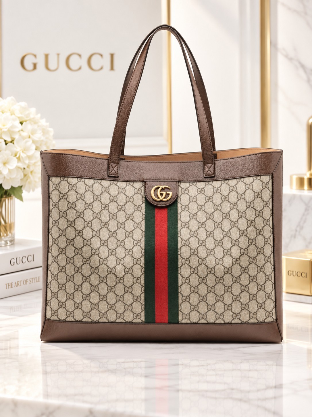 Authentic Gucci Ophidia GG Supreme Canvas Large Tote Bag Web Stripe Shoulder Bag