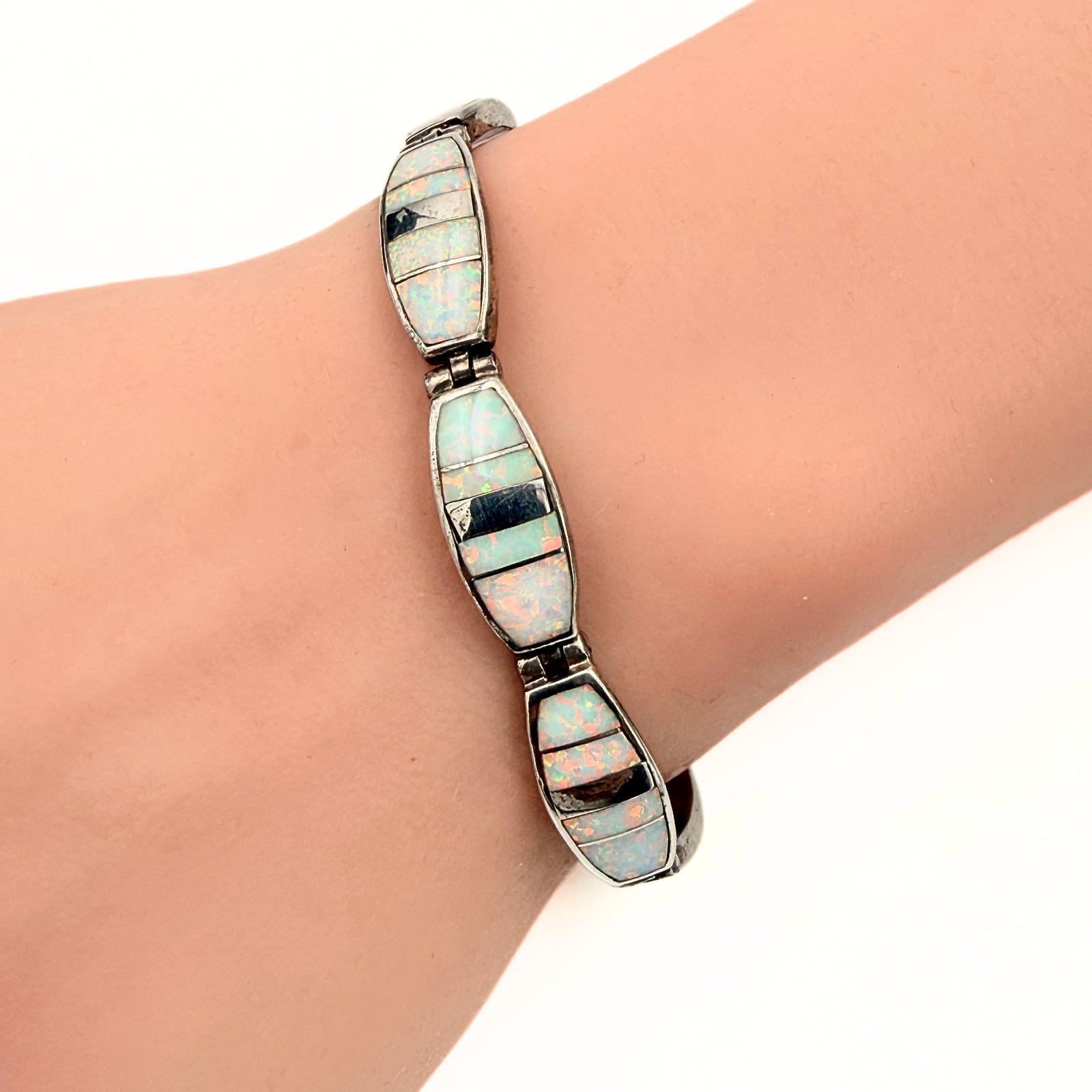 Calvin Begay Stamped Navajo Sterling Silver Lab Opal Inlay Link Bracelet